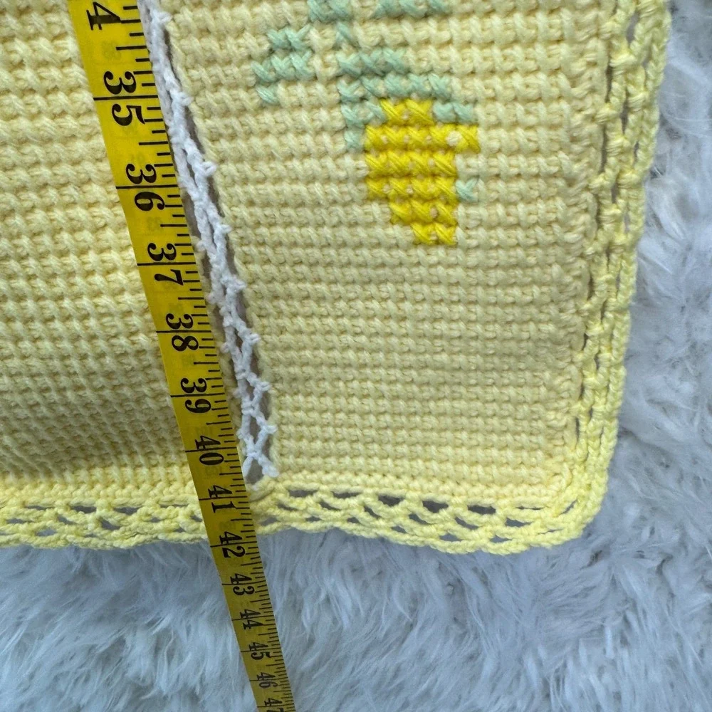 Vintage Handmade Crochet Baby Blanket Yellow Floral‎ Cottagecore Nursery 36x42